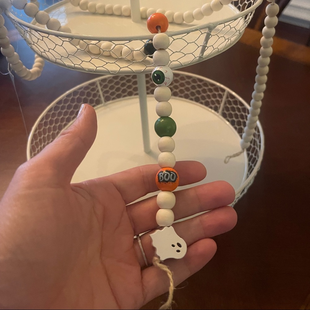 Farmhouse 2 Tier Tray with Halloween Wood Bead Garland